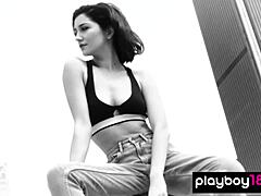 redhead teen skye blue strips bare