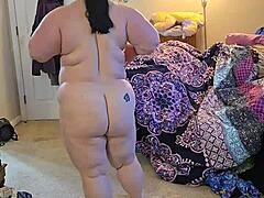 bbw in lingerie performs detailed striptease, revealing big natural tits and ass