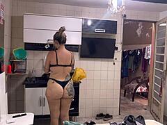 Tanned painter takes big cock in ass and pussy, cums inside.