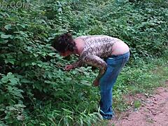 Brunette Milf Flashes In Thong Bodysuit On Fitness Trail