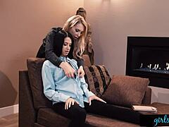 The busty lesbian dives into my pussy, licking deeply in this face-sitting session