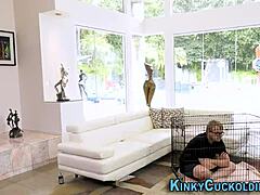 Older woman in bondage with caged partner