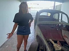 young girl blows old guy in car while cuckold watches