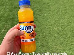 Brunette fucks pussy with bottle, sucks huge dick, drinks cum