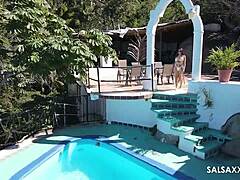 tattooed latina fingering big pussy by pool, freaky outdoor