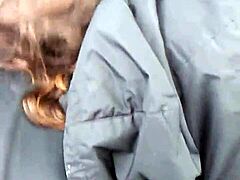 amber gives slutty blowjob in truck, swallows cum