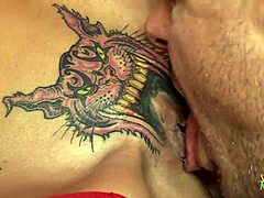 Skinny blonde with pussy tattoo rides to orgasm and creampie on couch 😍